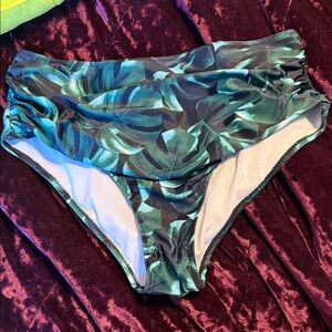 Tropical Leaf Print High-Waisted Bikini Bottom